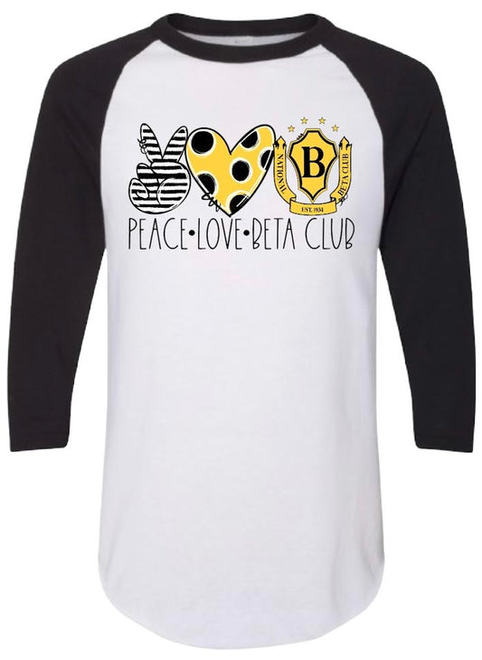 Peace Love Beta Club 3/4 Sleeve Baseball Jersey